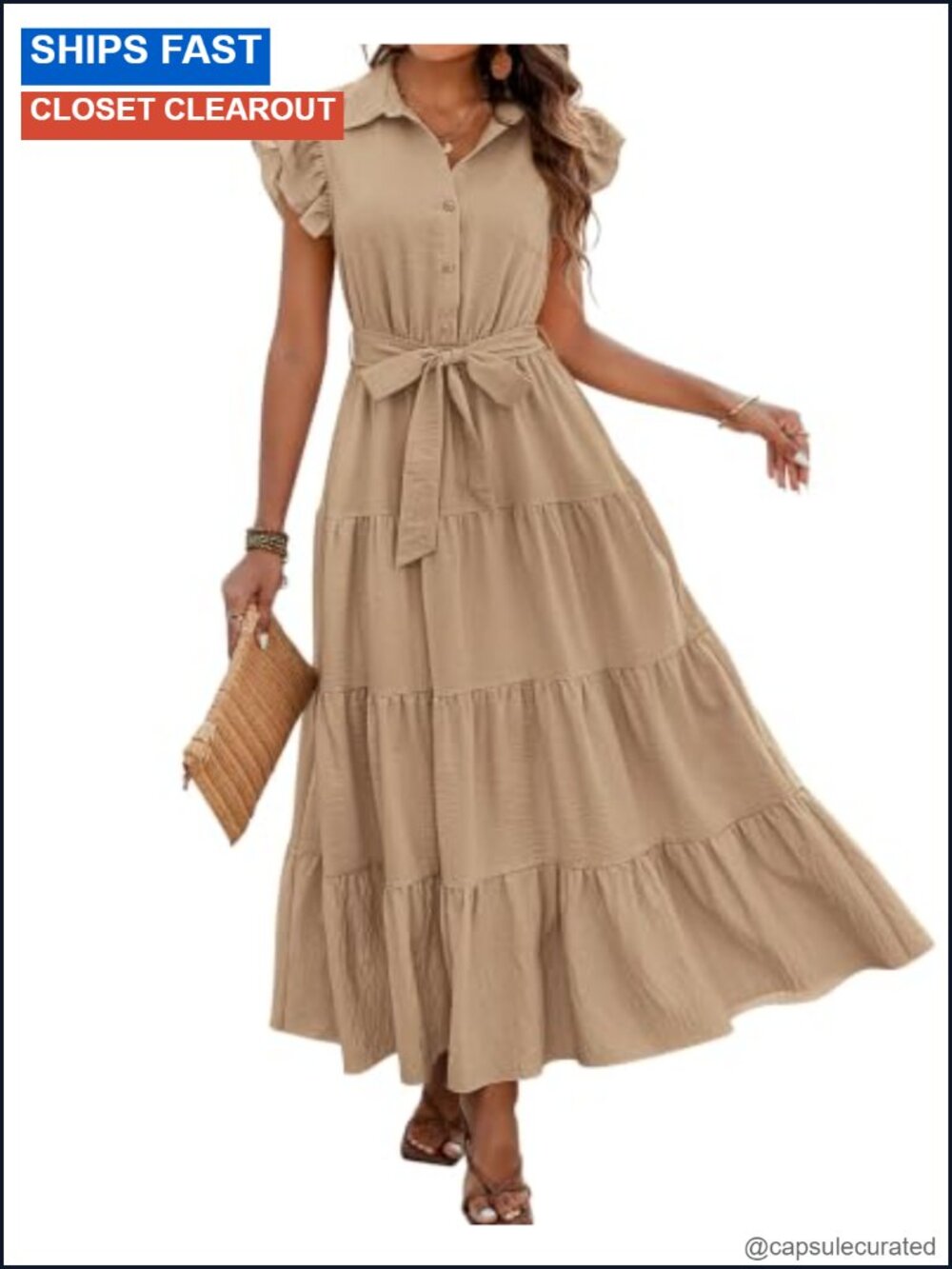 Boho Maxi Dress Ruffle Sleeve Button Down Tiered Viscose